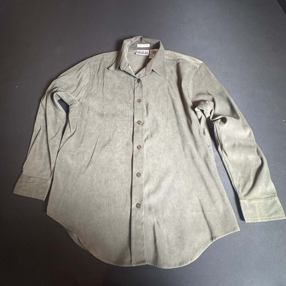 Bill Blass Jeans Faux Suede Stretch Button Down Shirt Size S Olive Green
